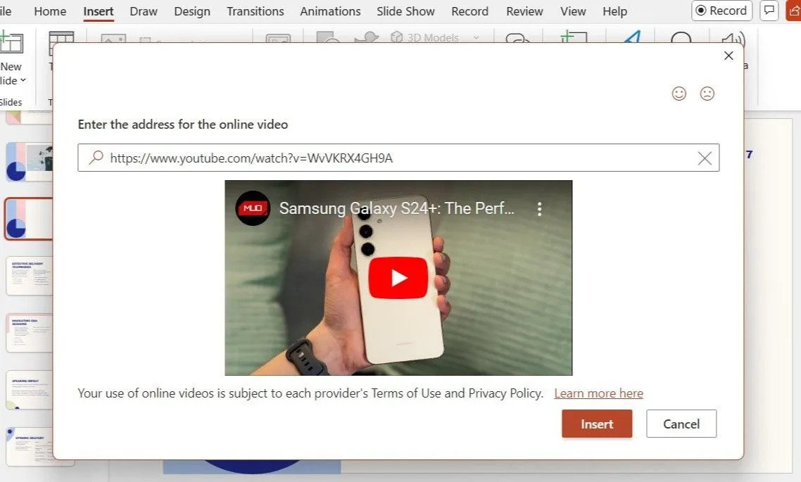Hộp thoại chèn video trực tuyến trong PowerPoint với URL YouTube