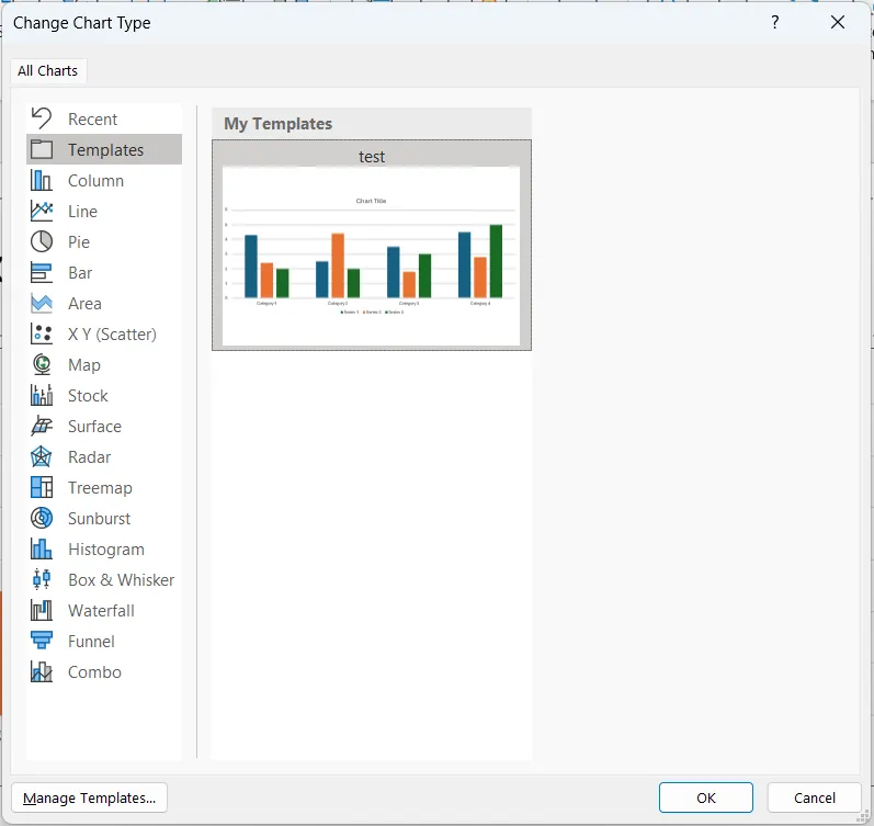 Hộp thoại &quot;Insert Chart&quot; (Chèn Biểu đồ) trong PowerPoint với tab &quot;Templates&quot; (Mẫu) được chọn, cho phép người dùng áp dụng mẫu biểu đồ đã lưu.