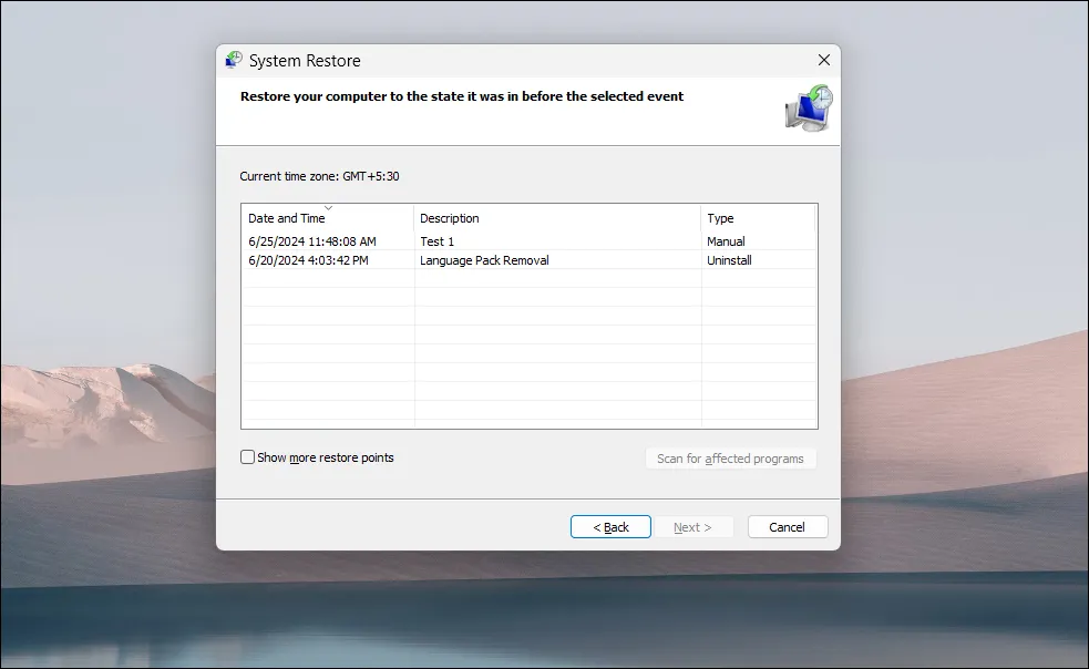 Hộp thoại Khôi phục Hệ thống hiển thị các điểm khôi phục đã có trong Windows 11