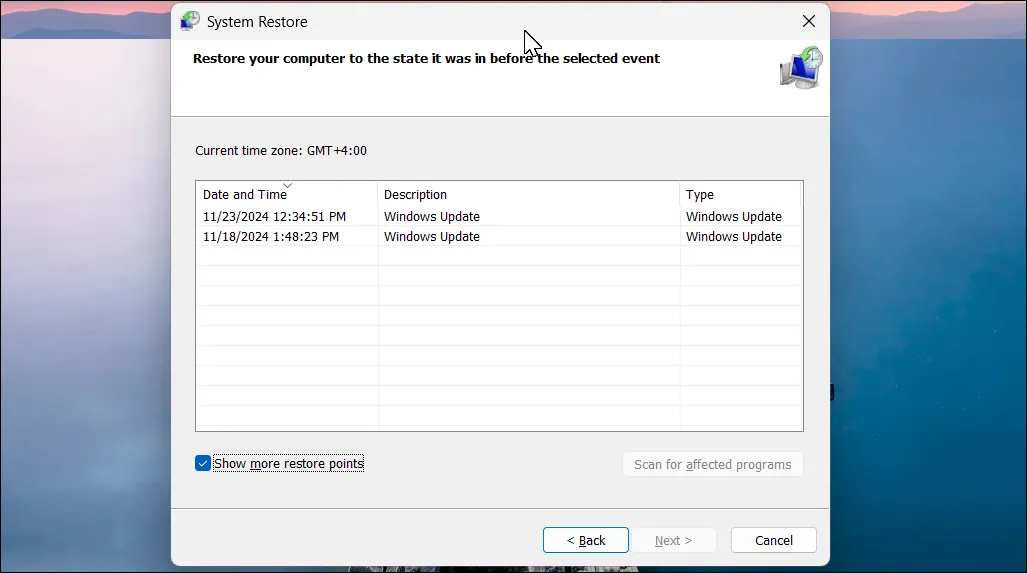 Hộp thoại khôi phục hệ thống (System Restore) trong Windows 11 hiển thị các điểm khôi phục hệ thống có sẵn để lựa chọn
