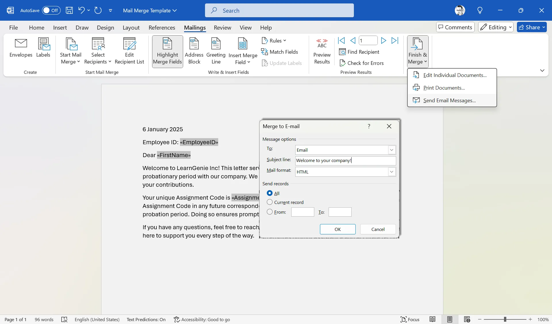 Hộp thoại 'Merge to Email' trong Word, hiển thị các tùy chọn để điền email người nhận, dòng tiêu đề và định dạng thư trước khi gửi qua Outlook