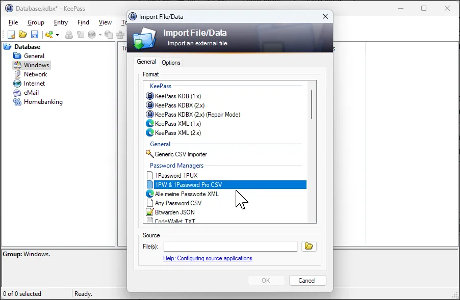 Hộp thoại nhập dữ liệu từ 1Password sang KeePass