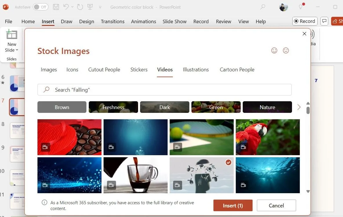 Hộp thoại Stock Images hiển thị video sẵn có trong PowerPoint với nút Insert