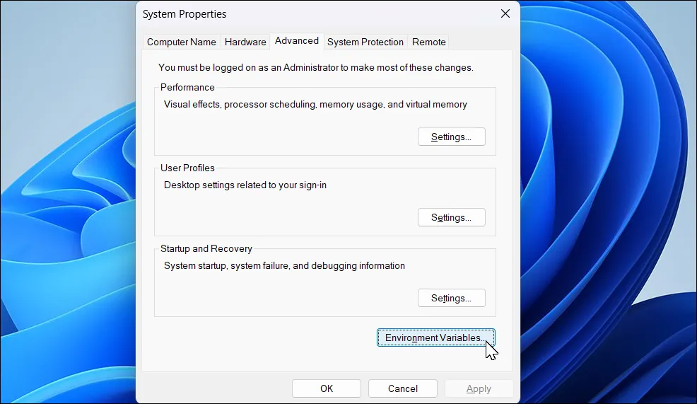 Hộp thoại System Properties (Thuộc tính Hệ thống) đang mở trên màn hình Windows 11.