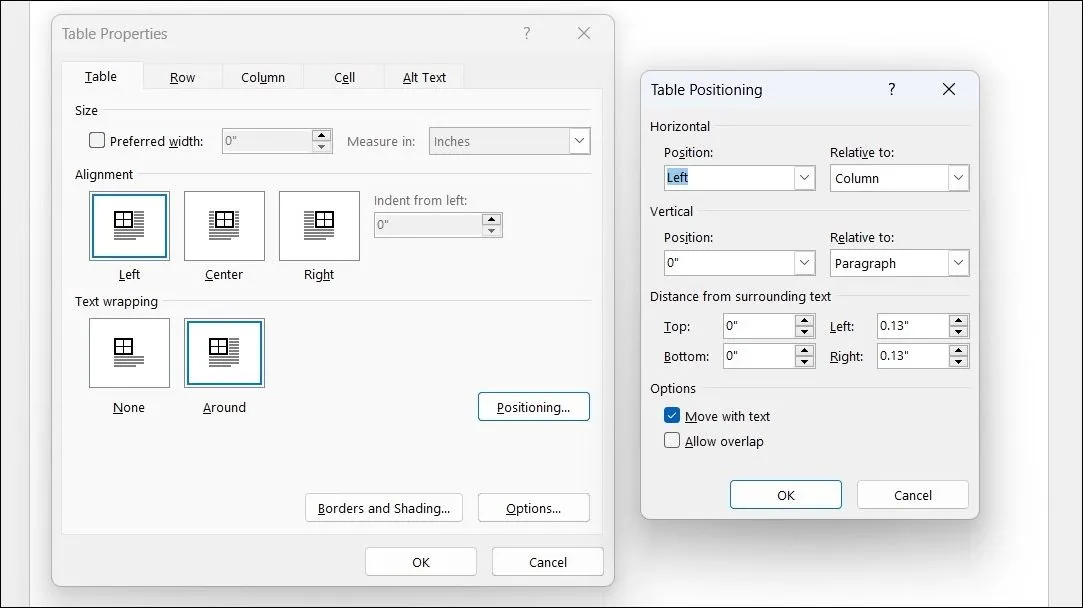 Hộp thoại Table Properties trong Microsoft Word hiển thị các tùy chọn căn chỉnh và định vị bảng