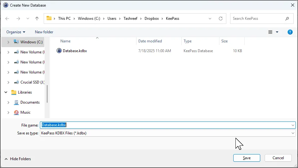 Hộp thoại tạo cơ sở dữ liệu KeePass mới và tích hợp Dropbox