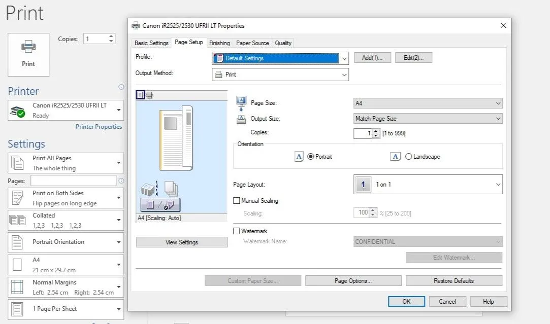 Hộp thoại Thuộc tính Máy in trong Microsoft Word, điều chỉnh tỷ lệ in 100%