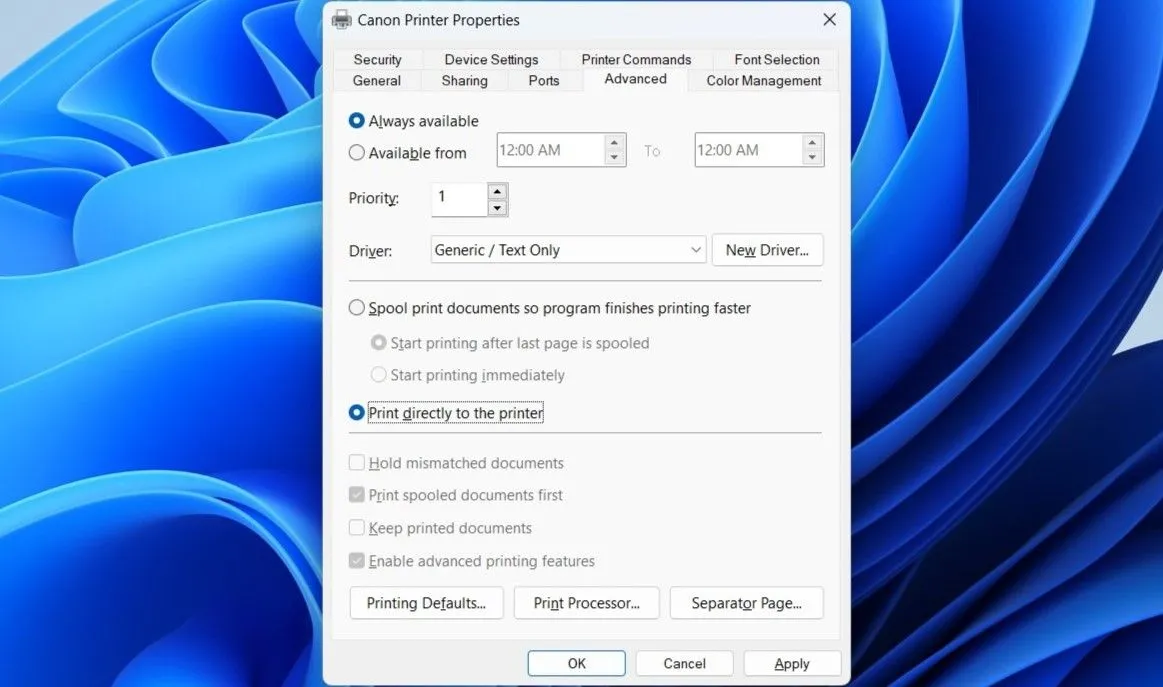 Hộp thoại Thuộc tính Máy in trong Windows, chọn in trực tiếp để tránh lỗi spooler
