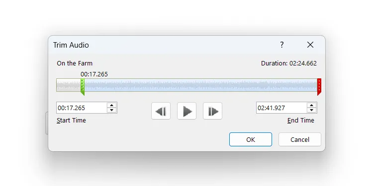 Hộp thoại &quot;Trim Audio&quot; (Cắt Âm thanh) trong PowerPoint, hiển thị thanh trượt màu xanh và đỏ để điều chỉnh điểm bắt đầu và kết thúc của âm thanh.