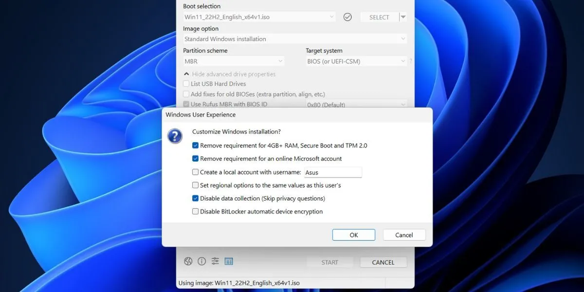 Hộp thoại tùy chỉnh trải nghiệm người dùng Windows trong Rufus, cho phép bỏ qua yêu cầu TPM, Secure Boot và tài khoản Microsoft.