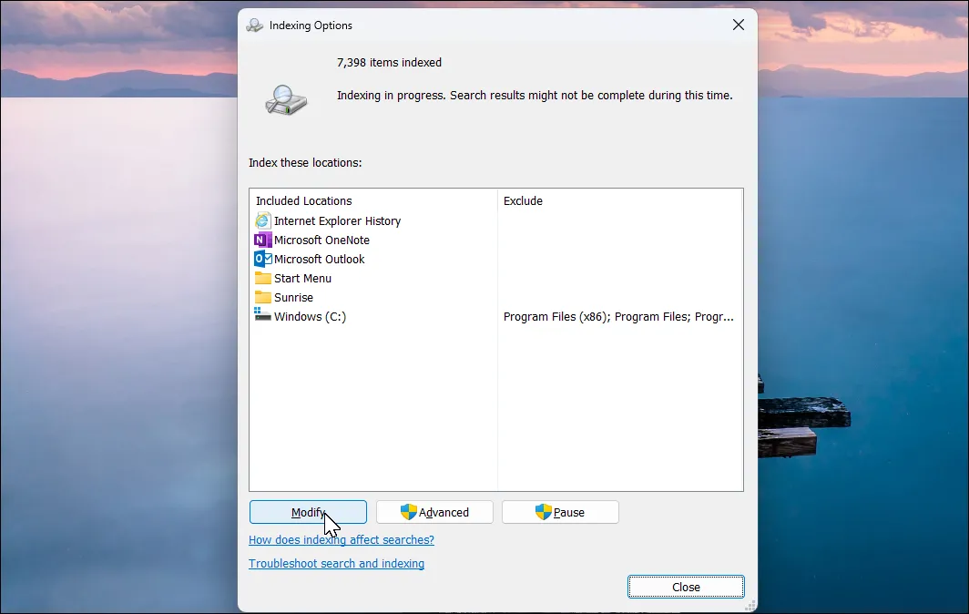 Hộp thoại tùy chọn Indexing trên Windows 11, cài đặt để tăng tốc tìm kiếm file.