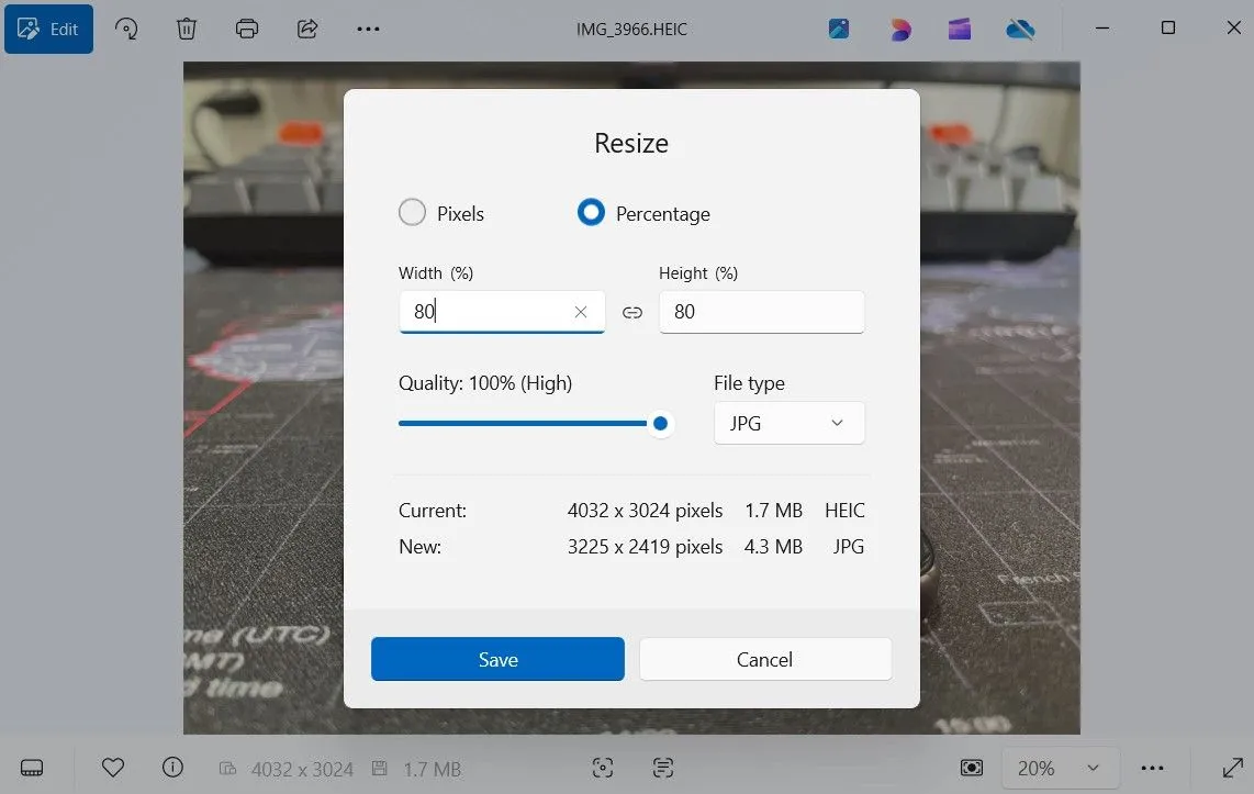 Hộp thoại tùy chọn thay đổi kích thước ảnh trong ứng dụng Photos Windows 11