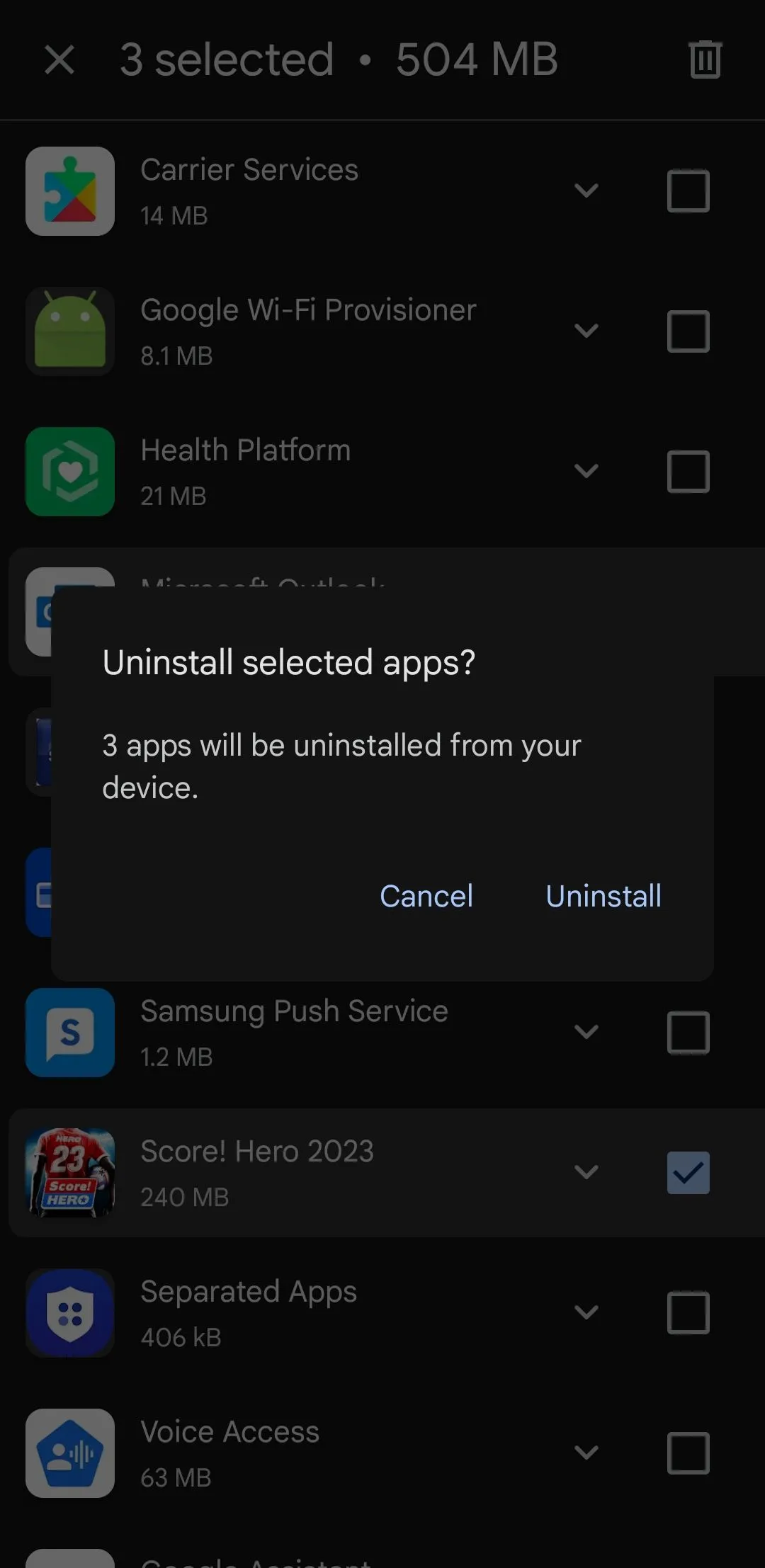 Hộp thoại xác nhận gỡ cài đặt các ứng dụng đã chọn từ Google Play Store trên thiết bị Samsung Galaxy.