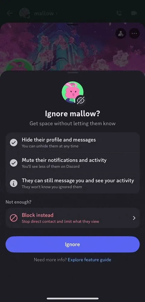 Hộp thoại xác nhận tính năng Ignore trên Discord