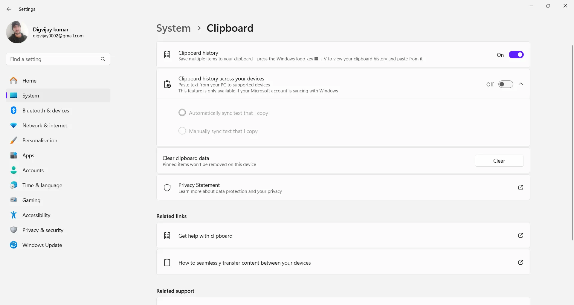 Hướng dẫn bật tính năng lịch sử Clipboard trong cài đặt Windows