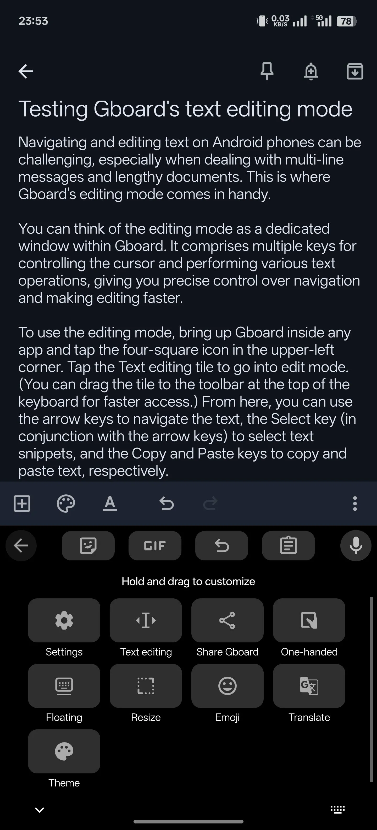 Hướng dẫn chọn biểu tượng Chỉnh sửa văn bản trong Gboard để kích hoạt chế độ chỉnh sửa.