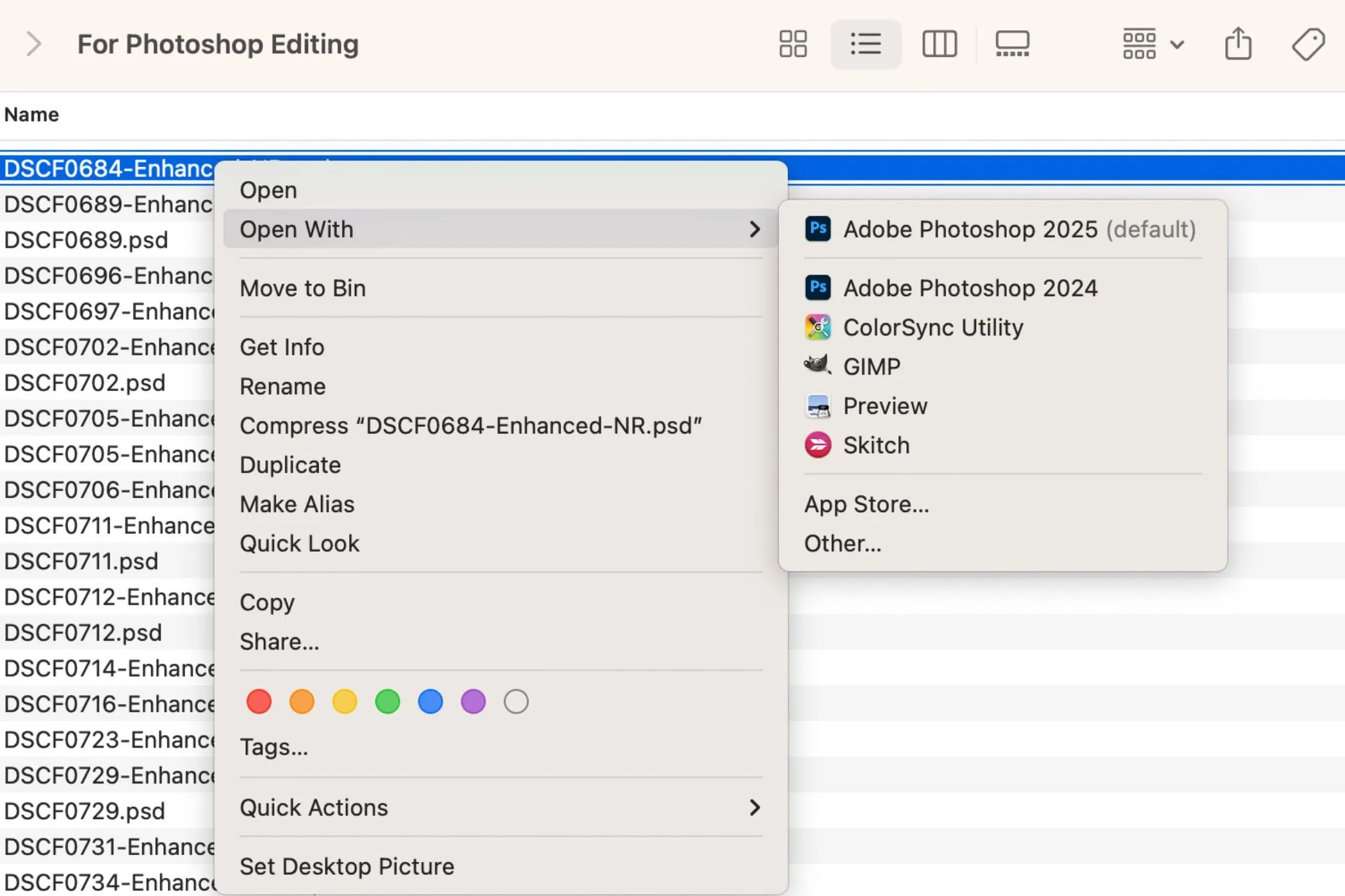 Hướng dẫn mở tệp PSD trên macOS bằng cách chọn Preview từ menu &quot;Open With&quot;