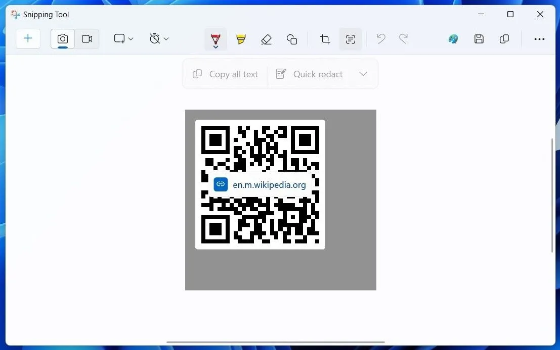 Hướng dẫn quét mã QR trực tiếp trong ứng dụng Snipping Tool của Windows 11.