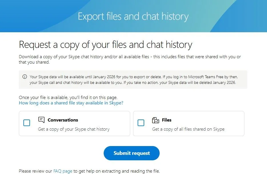 Hướng dẫn xuất lịch sử trò chuyện và tệp tin từ trang dữ liệu Skype