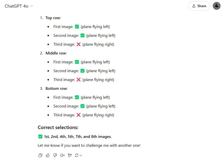 Kết quả ChatGPT giải CAPTCHA máy bay bay sang trái với một số lỗi