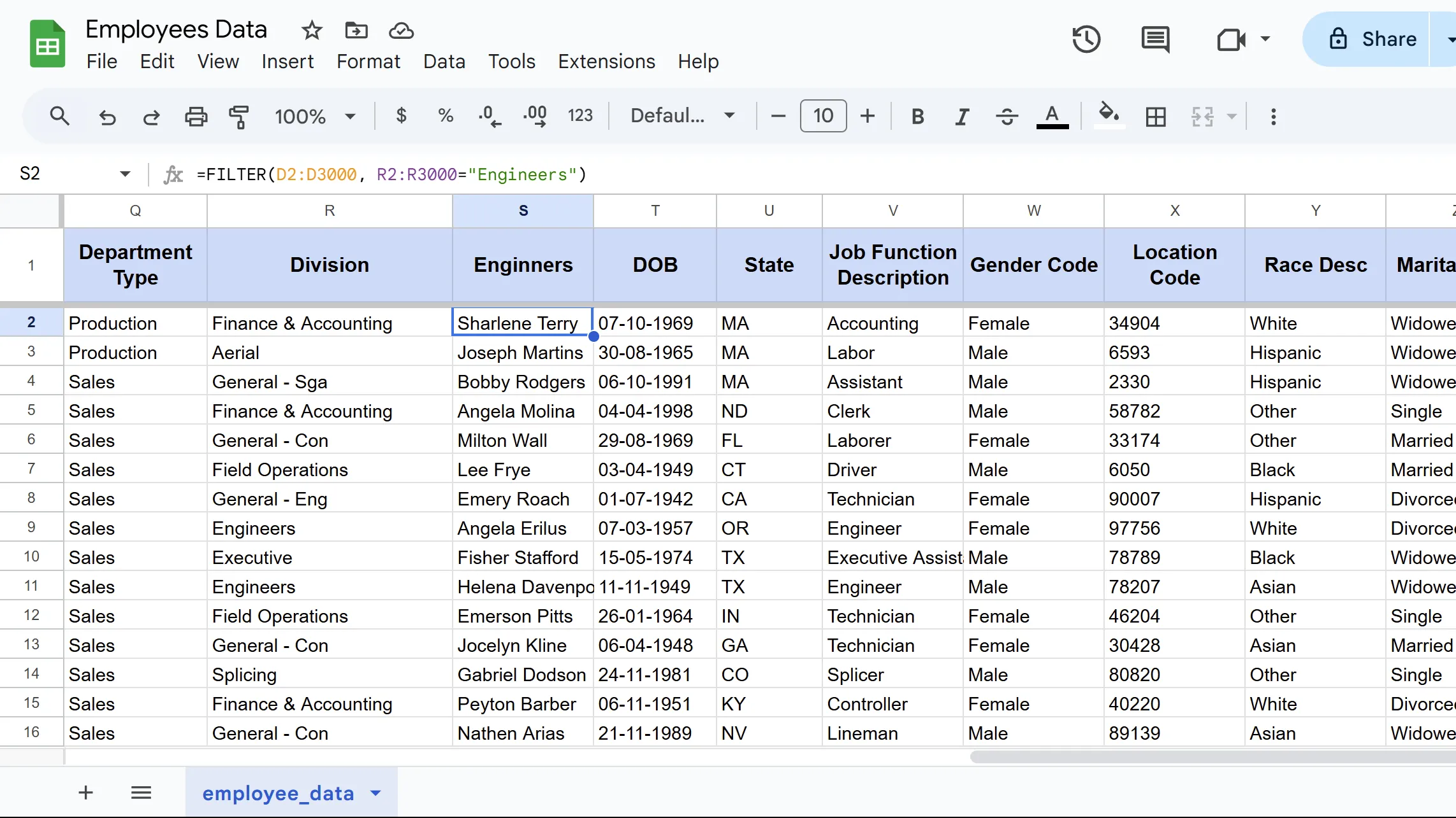 Kết quả của hàm FILTER hiển thị danh sách nhân viên &quot;Engineers&quot; trong Google Sheets
