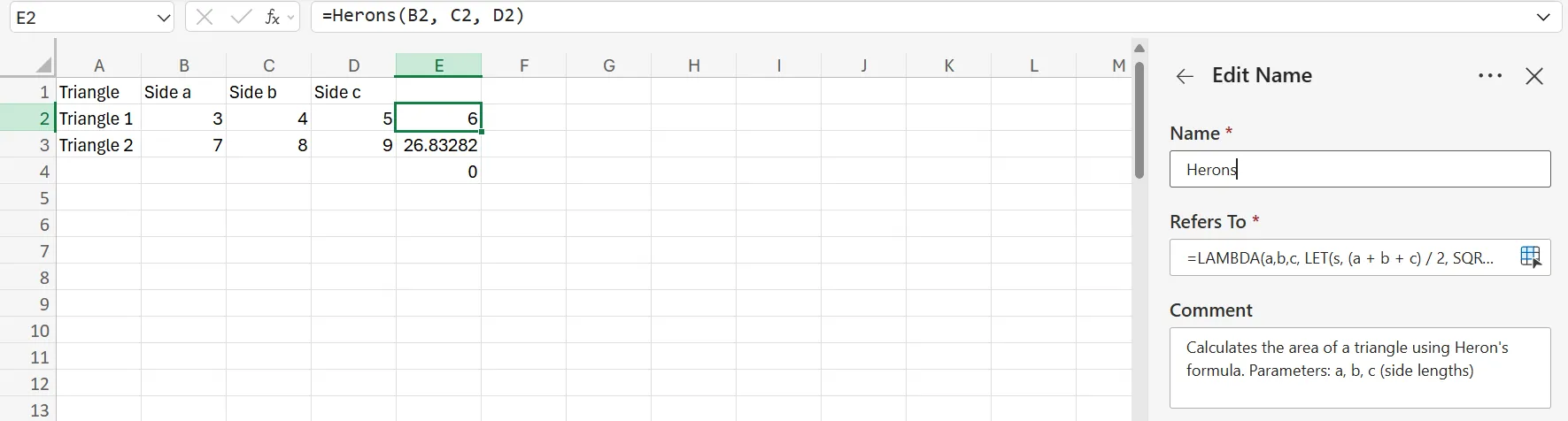Kết quả của hàm LAMBDA sử dụng công thức Heron để tính diện tích tam giác trong Excel