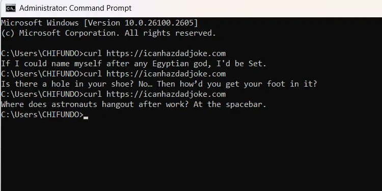 Kết quả hiển thị truyện cười ngẫu nhiên trong cửa sổ CMD trên Windows.