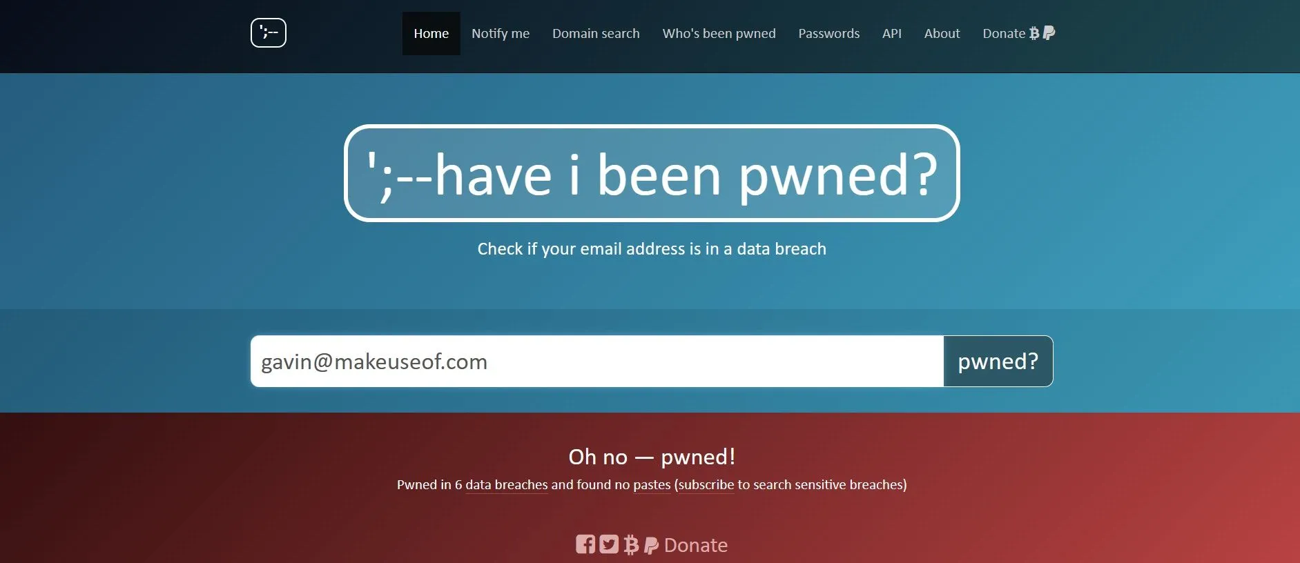 Kết quả kiểm tra email bị rò rỉ trên Have I Been Pwned hiển thị các trang web đã bị xâm phạm.