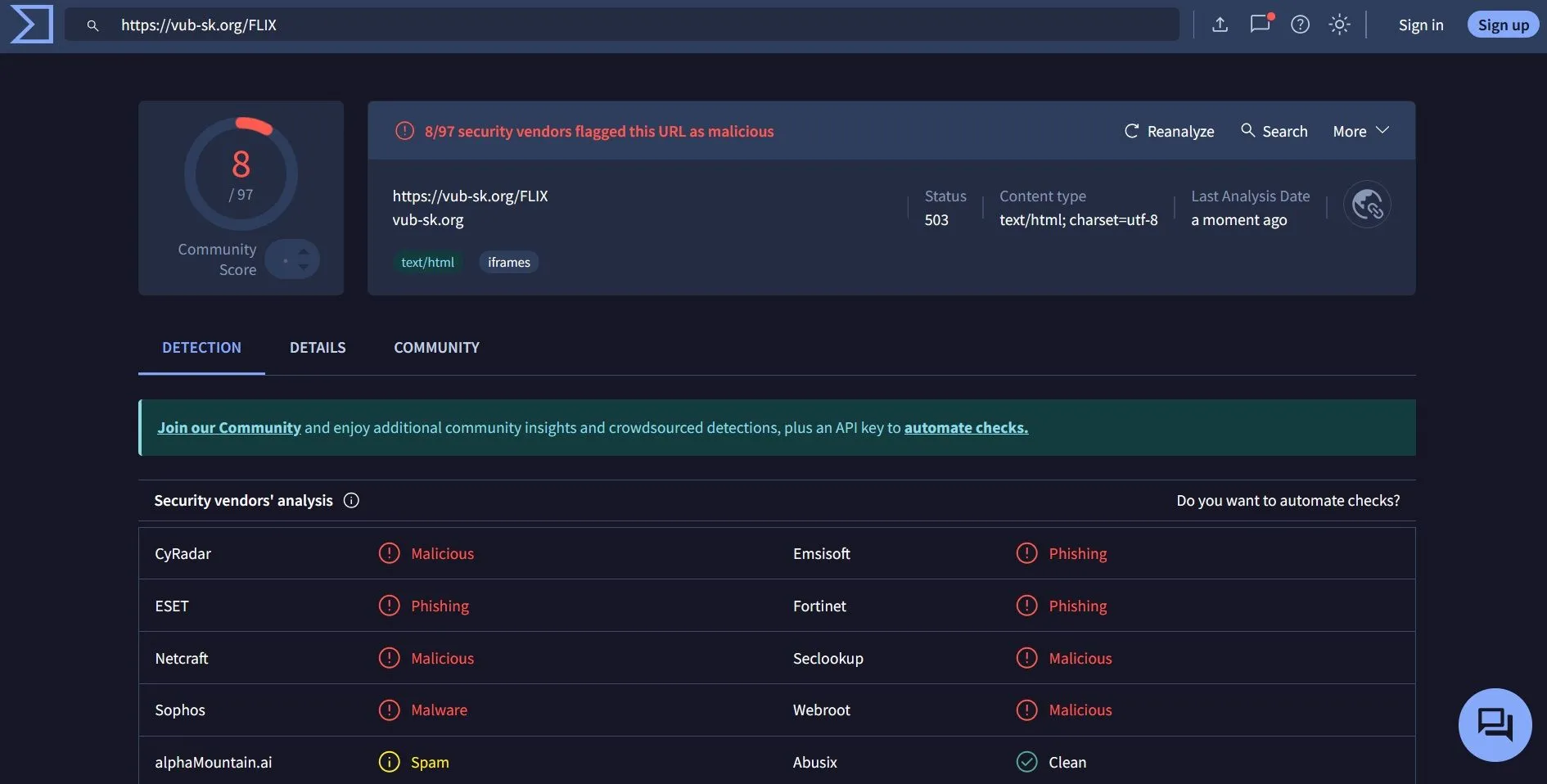 Kết quả quét URL trên VirusTotal cho thấy liên kết độc hại từ email lừa đảo Netflix