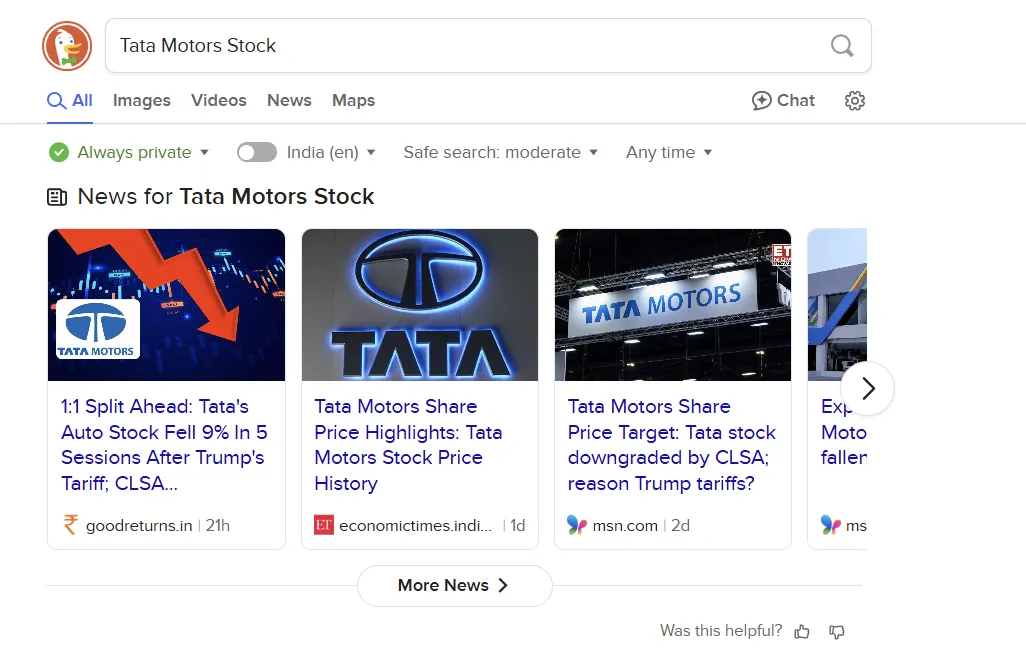 Kết quả tìm kiếm DuckDuckGo cho cổ phiếu Tata Motors chỉ hiển thị các liên kết