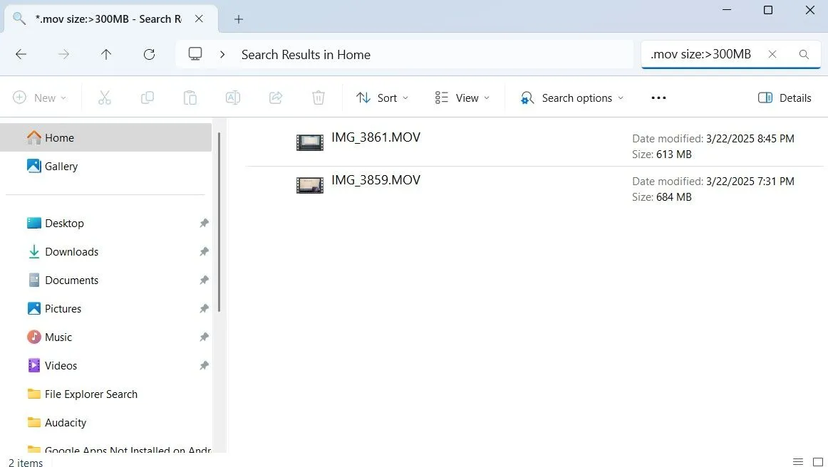 Kết quả tìm kiếm File Explorer hiển thị các tập tin video .mov lớn hơn 300MB