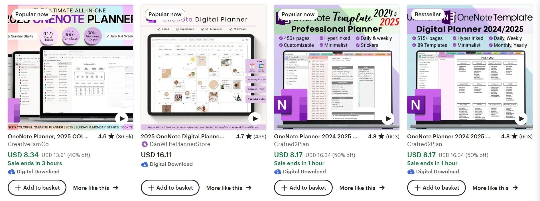 Kết quả tìm kiếm template OneNote đa dạng trên Etsy