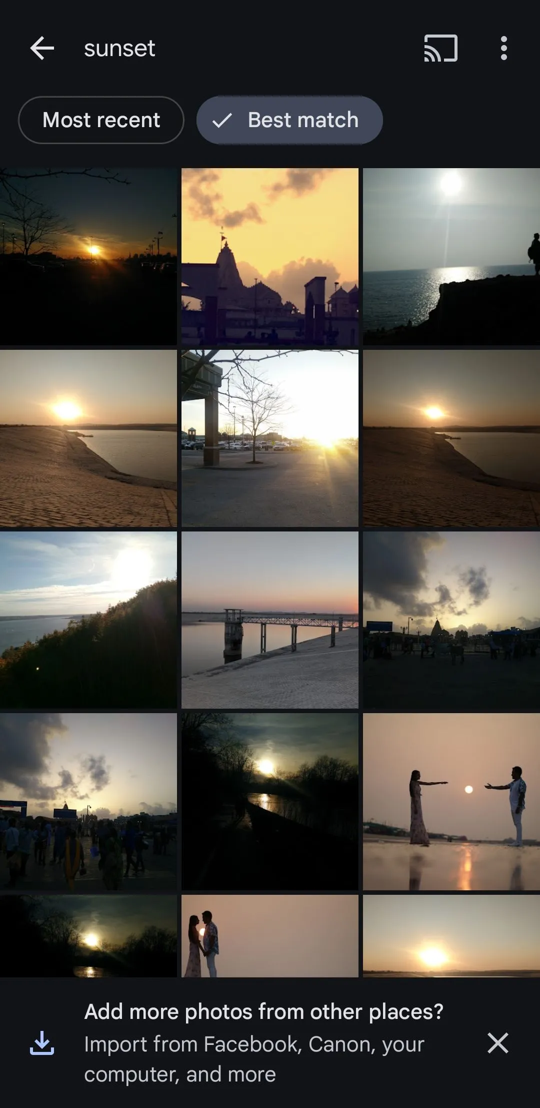 Kết quả tìm kiếm từ khóa &quot;sunset&quot; trên ứng dụng Google Photos