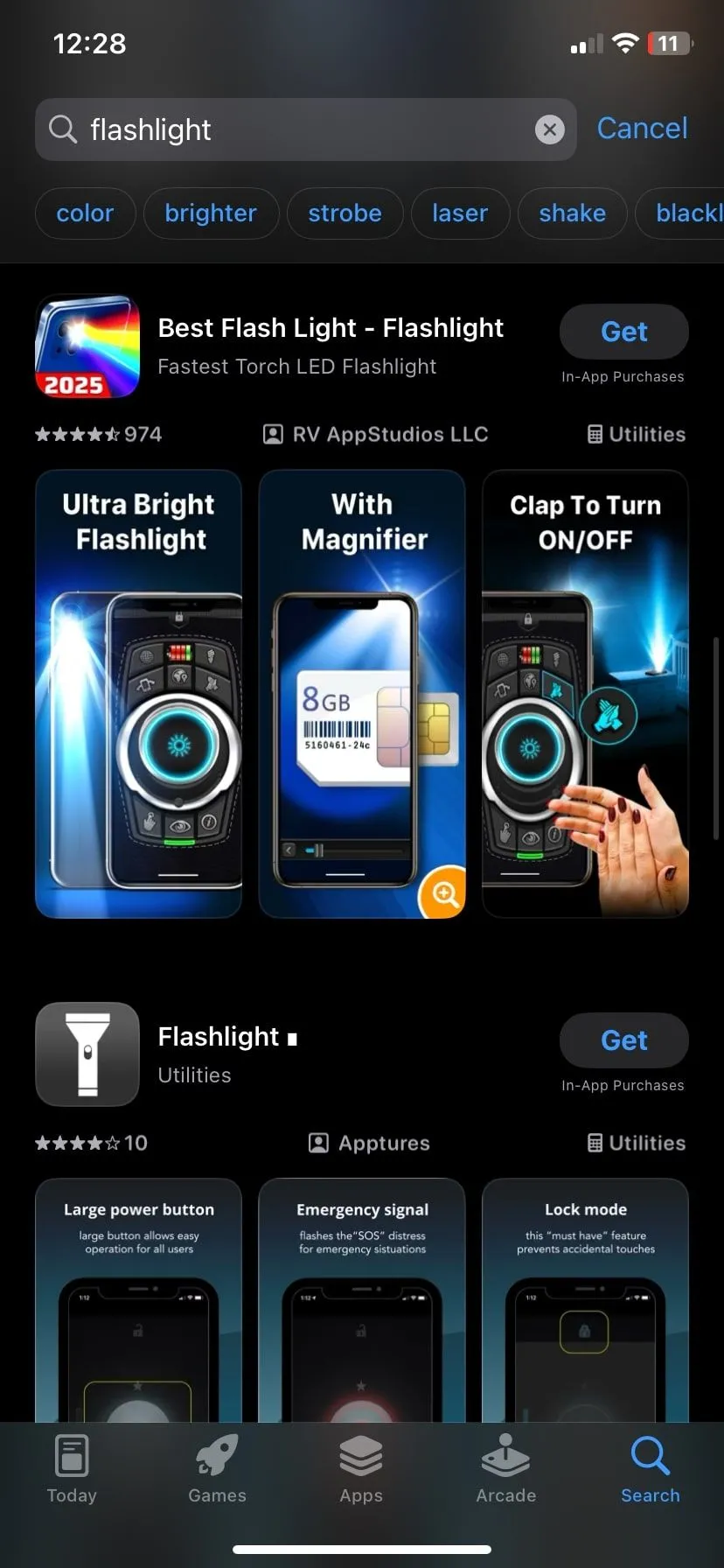 Kết quả tìm kiếm ứng dụng đèn pin trên App Store cho iPhone