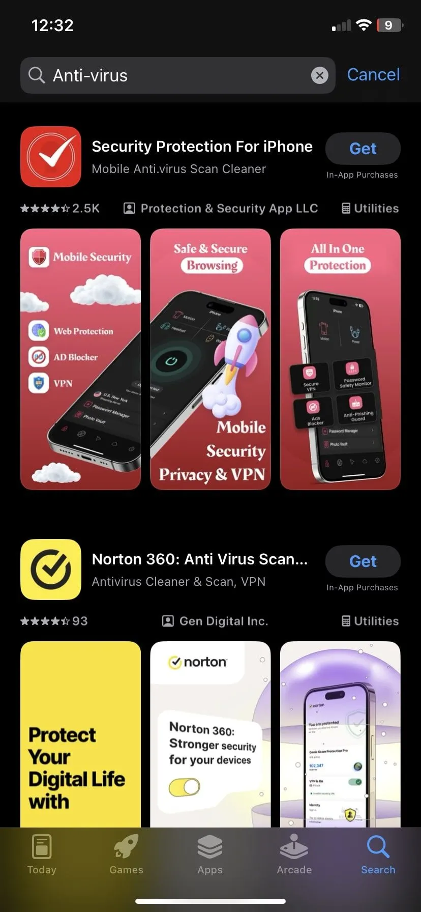 Kết quả tìm kiếm ứng dụng diệt virus trên App Store