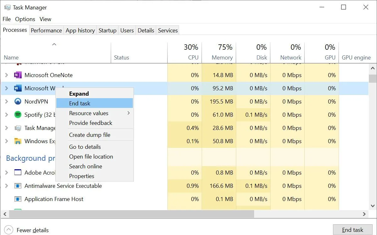 Kết thúc tác vụ ứng dụng trong Trình quản lý Tác vụ Windows 10