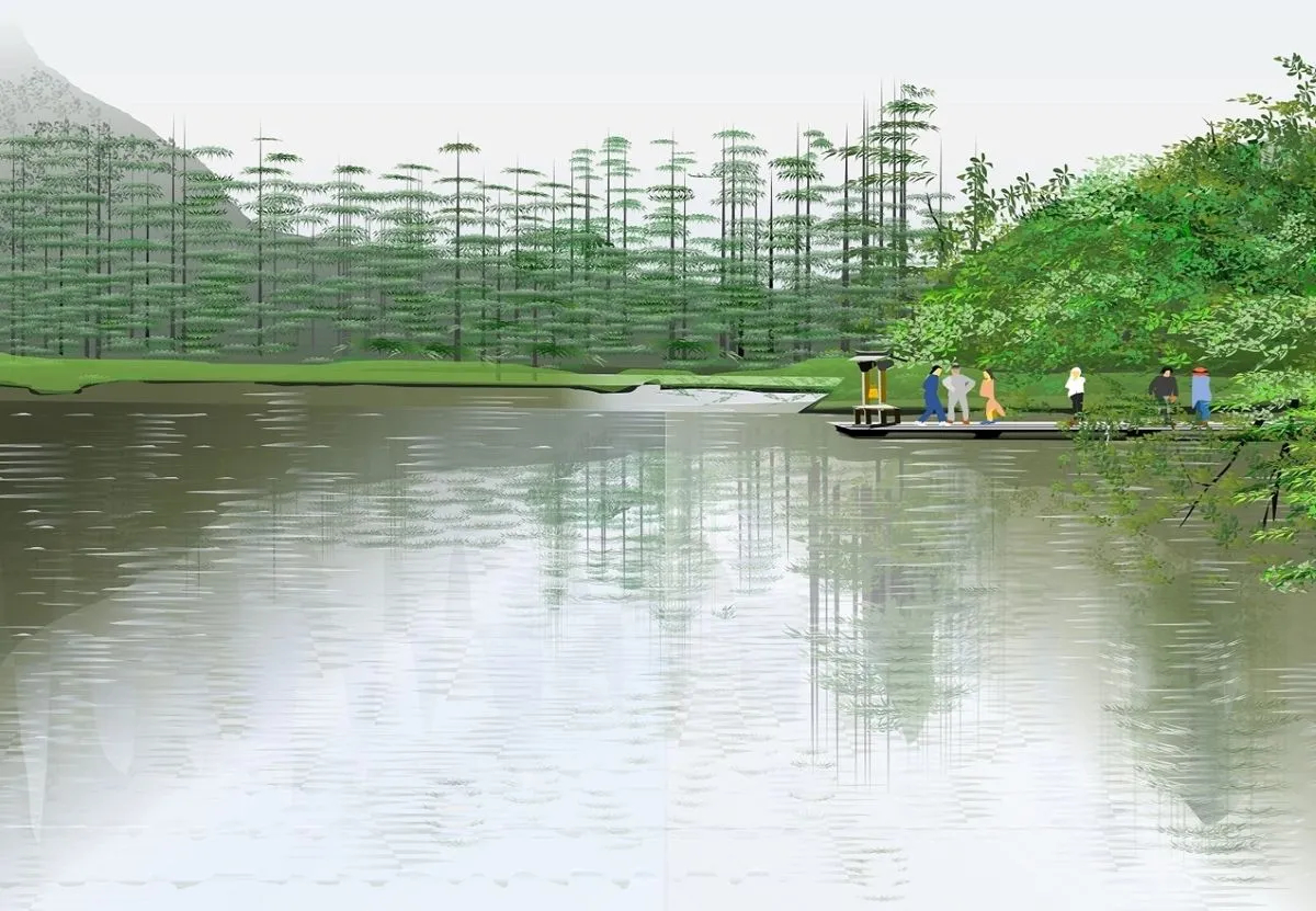 Khuôn viên đền Myojin với cây cối được vẽ bằng Excel bởi Tatsuo Horiuchi