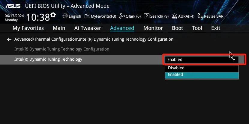 Kích hoạt Intel Dynamic Tuning Technology (DTT) trong giao diện BIOS/UEFI của bo mạch chủ ASUS