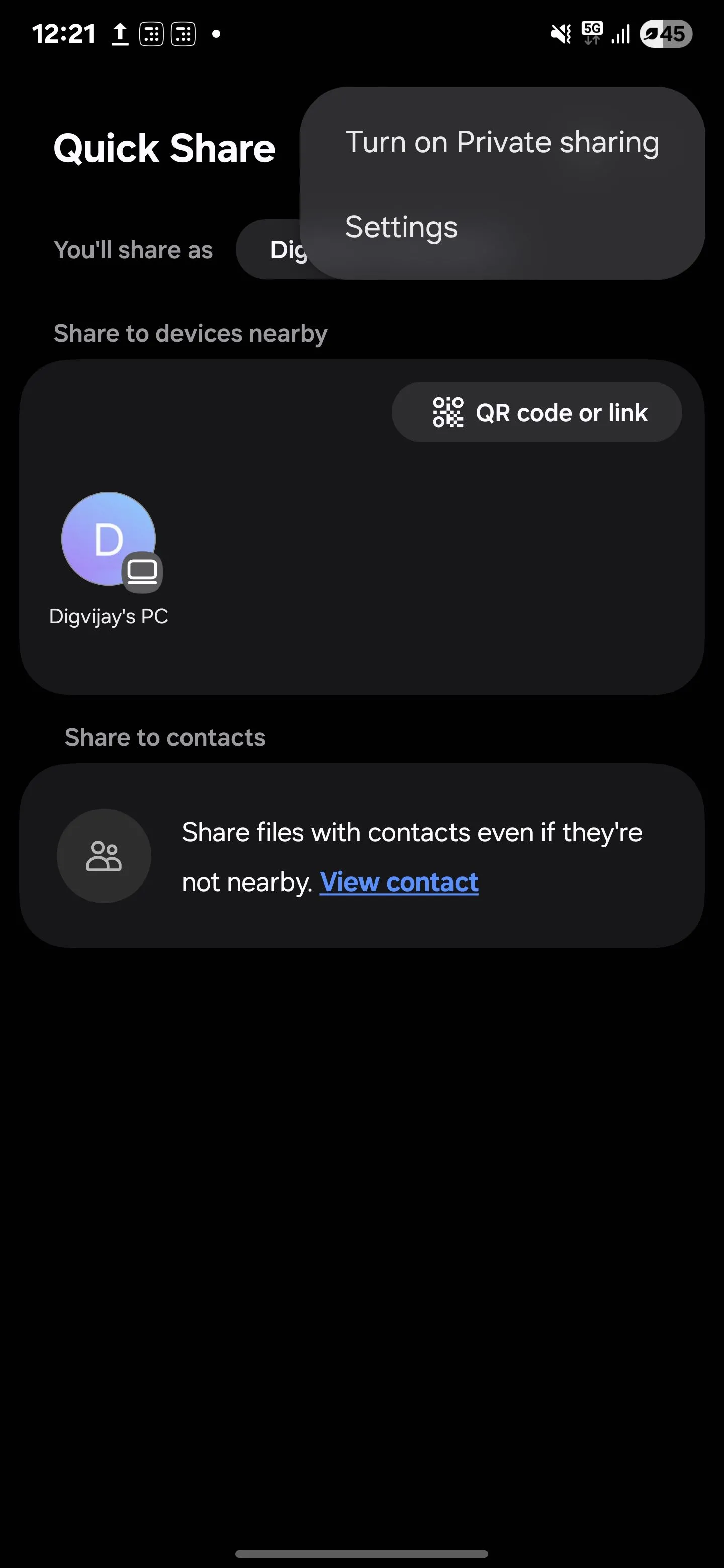Kích hoạt tính năng Chia sẻ riêng tư (Private Sharing) trực tiếp trong giao diện Quick Share của Samsung
