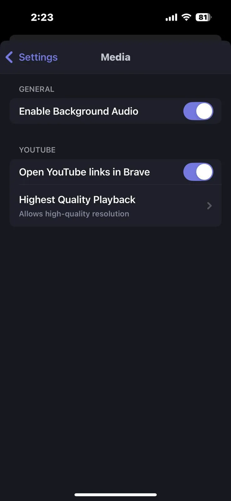 Kích hoạt tính năng phát âm thanh nền cho video YouTube trong cài đặt Brave