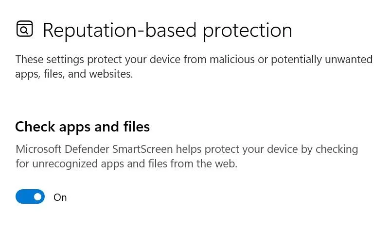 Kiểm tra bộ lọc SmartScreen trong ứng dụng Cài đặt của Windows