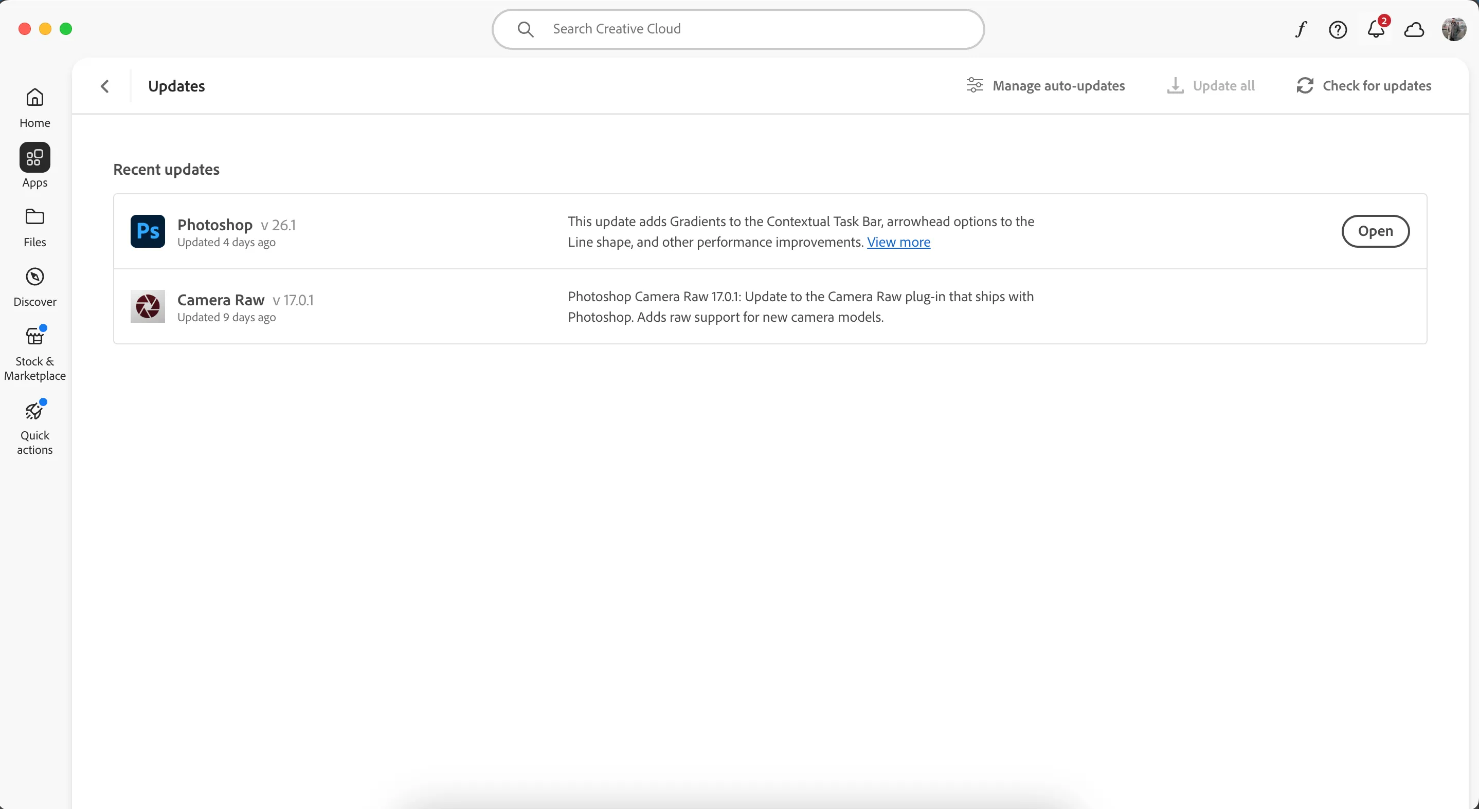 Kiểm tra cập nhật phần mềm Adobe Photoshop trong ứng dụng Creative Cloud