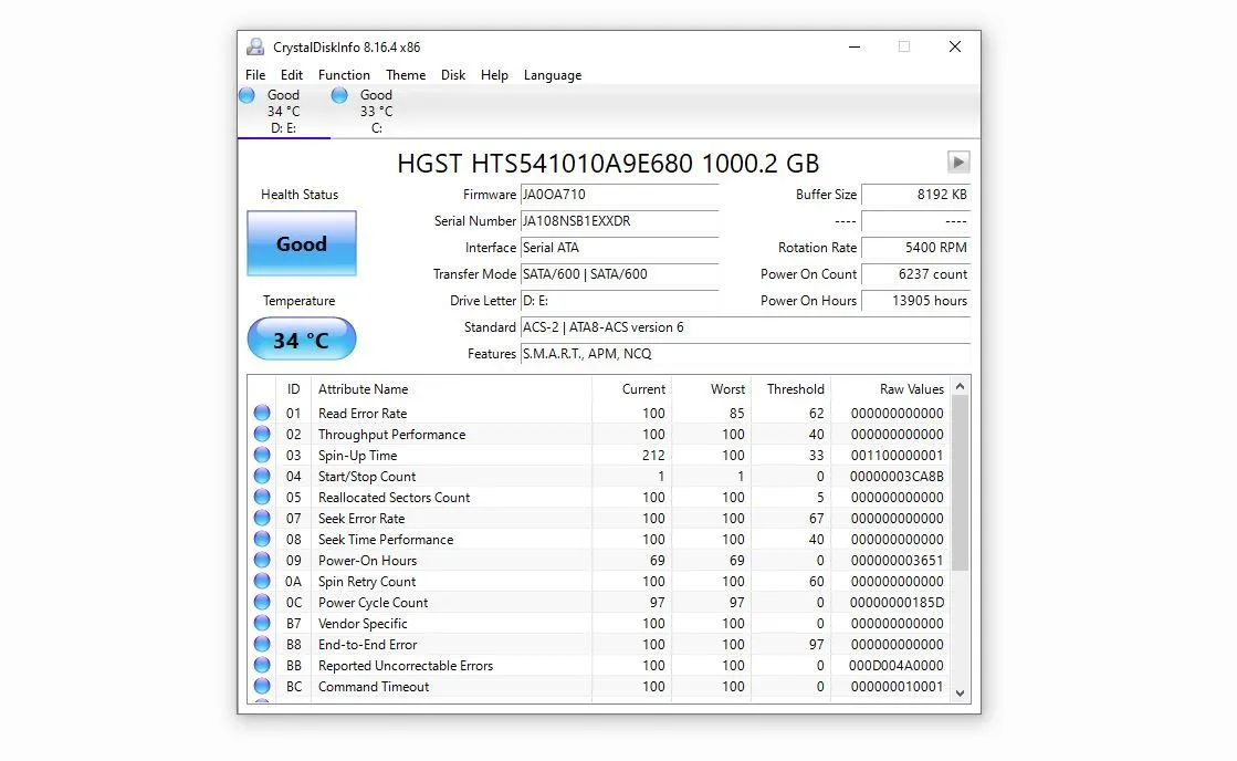 Kiểm tra tình trạng sức khỏe ổ cứng bằng CrystalDiskInfo trên Windows