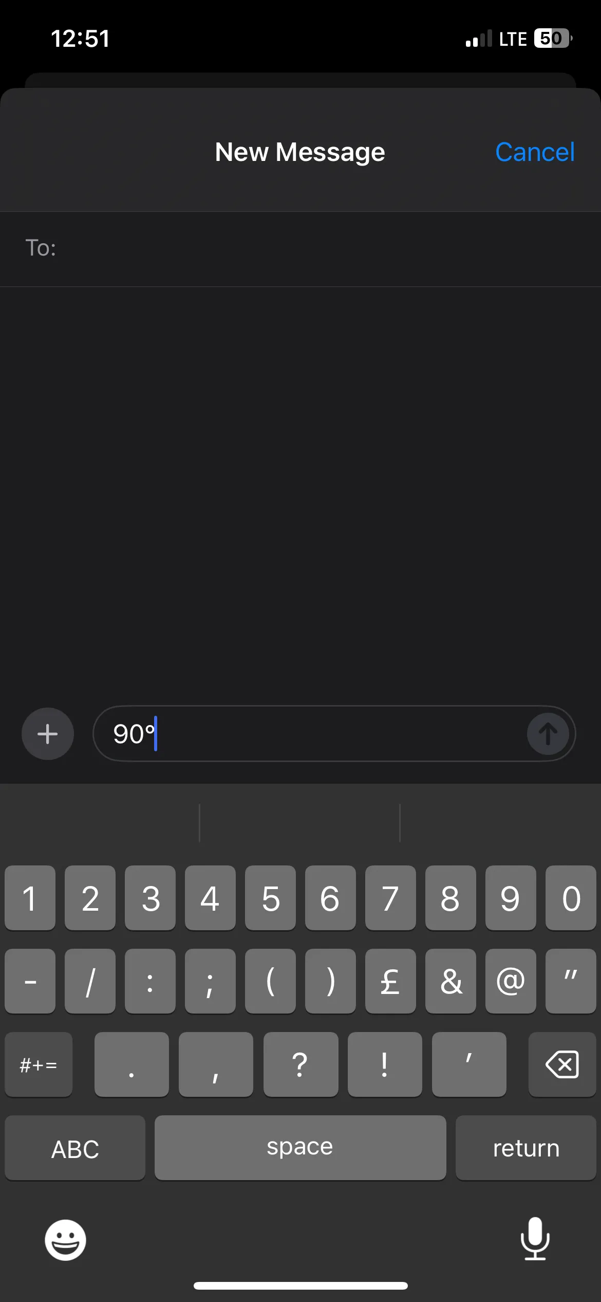 Ký hiệu 90 độ được gõ thành công trong ứng dụng Tin nhắn trên iPhone