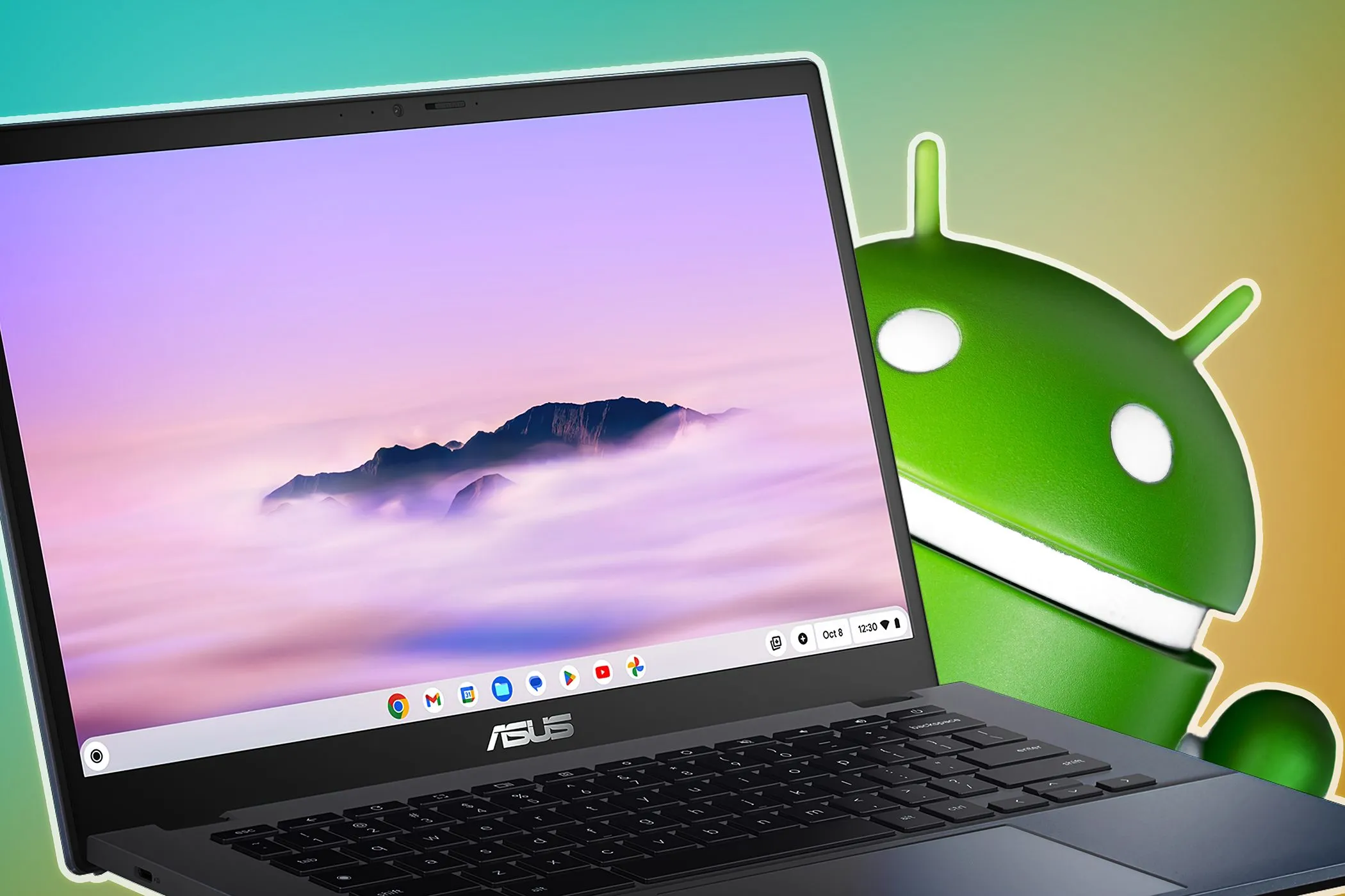 Laptop ASUS Chromebook hiển thị logo Android, minh họa khả năng tương thích và chạy ứng dụng Android trên thiết bị này