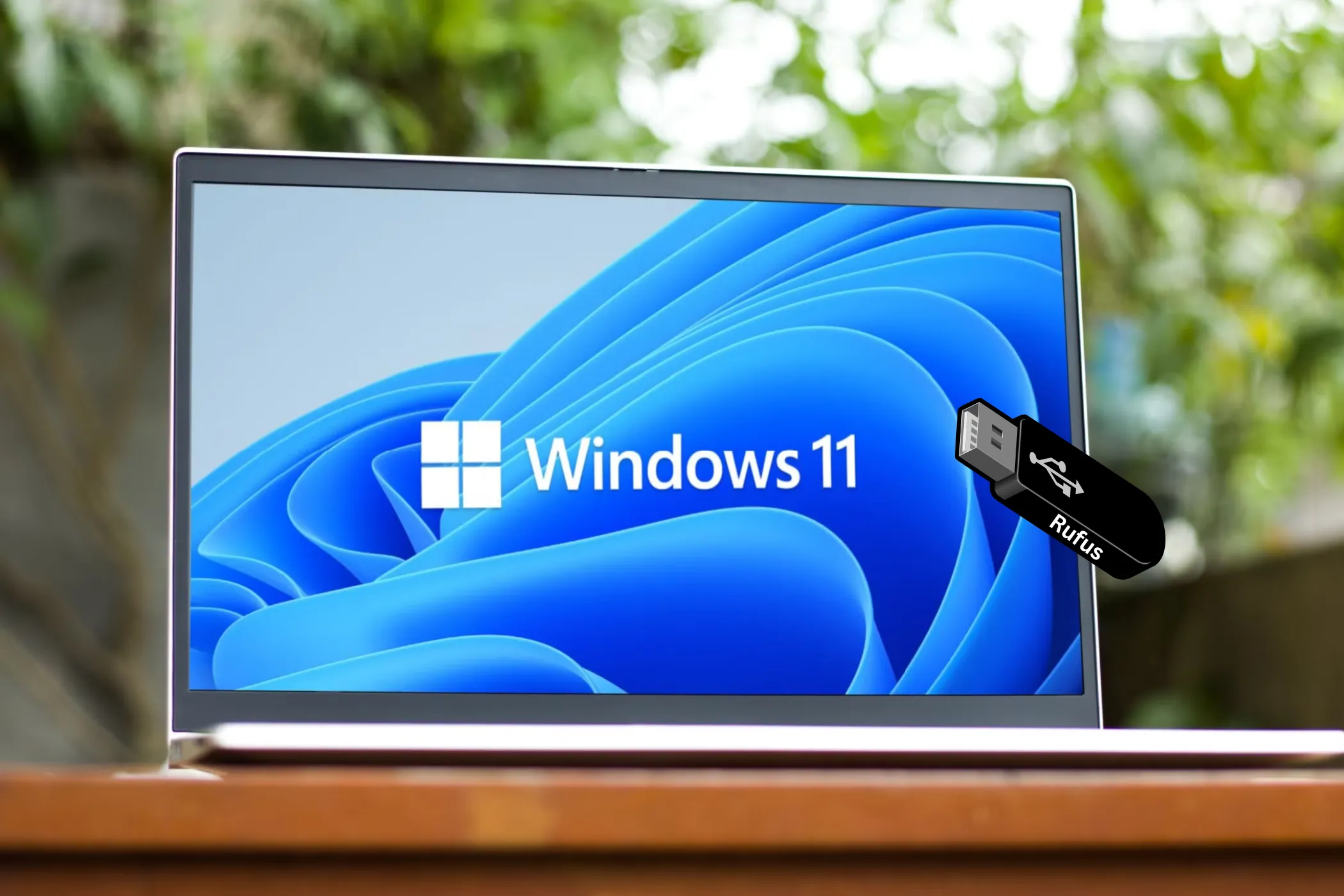 Laptop hiển thị logo và hình nền Windows 11 cùng biểu tượng USB có logo Rufus