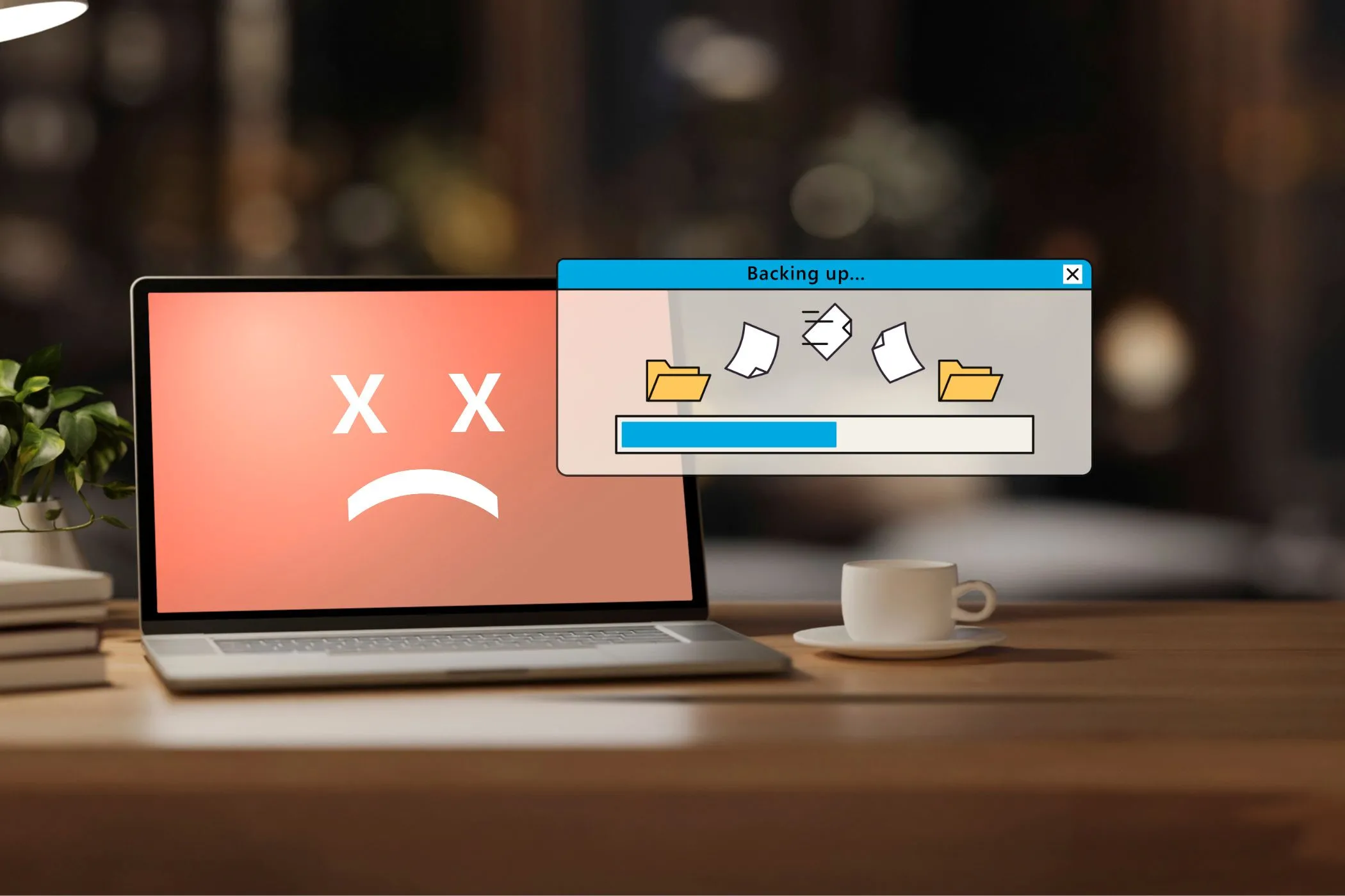 Laptop hỏng với cửa sổ sao lưu hiển thị