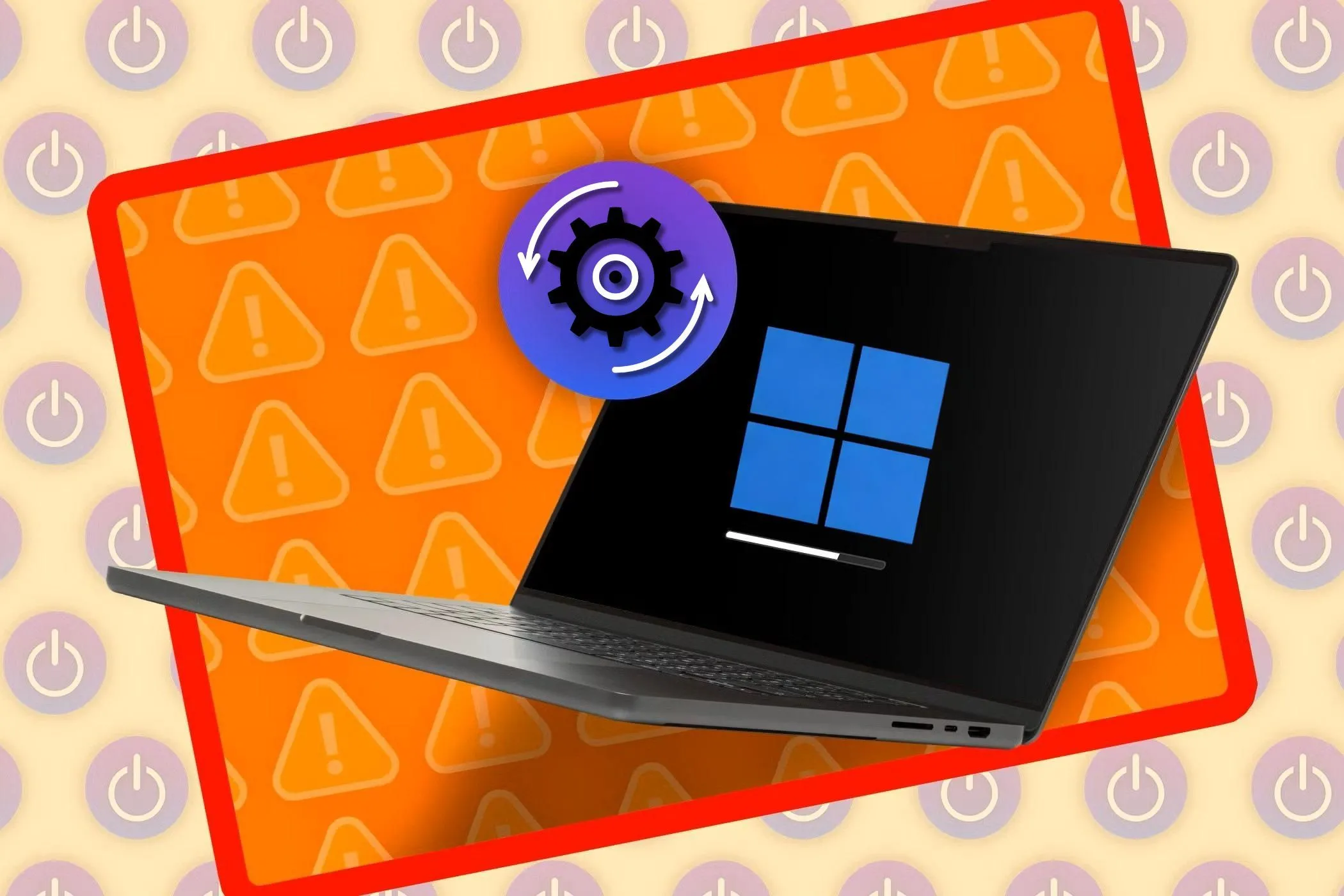 Laptop trên màn hình tải với logo Windows và biểu tượng cập nhật.