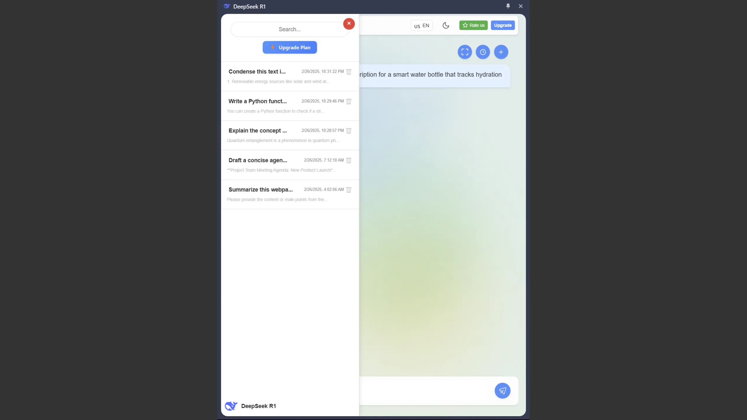 Lịch sử trò chuyện của tiện ích DeepSeek AI Chrome của fadelmalnab