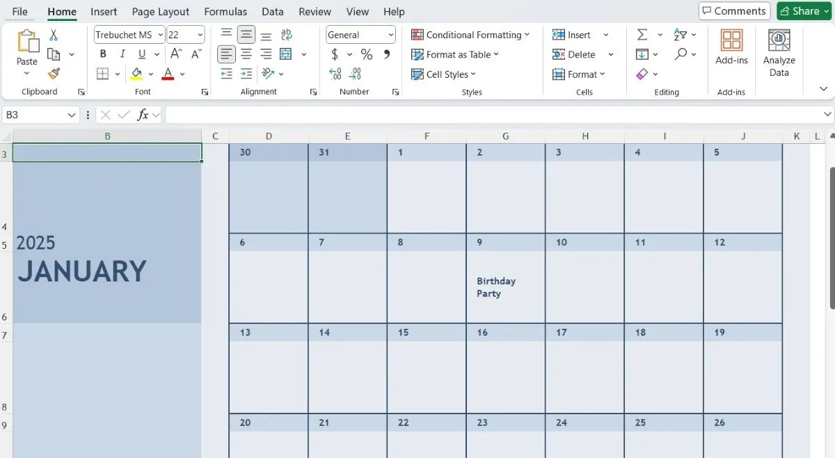 Lịch tháng Một hiển thị trong Excel